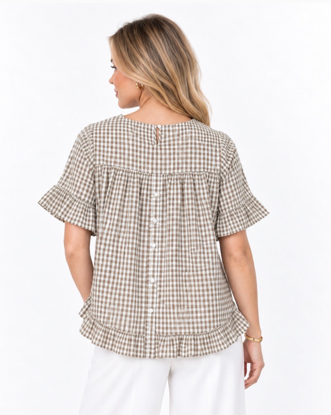 Cedar Check Frill Top Tan