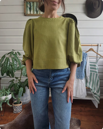Linen Blend Bubble Sleeve - olive