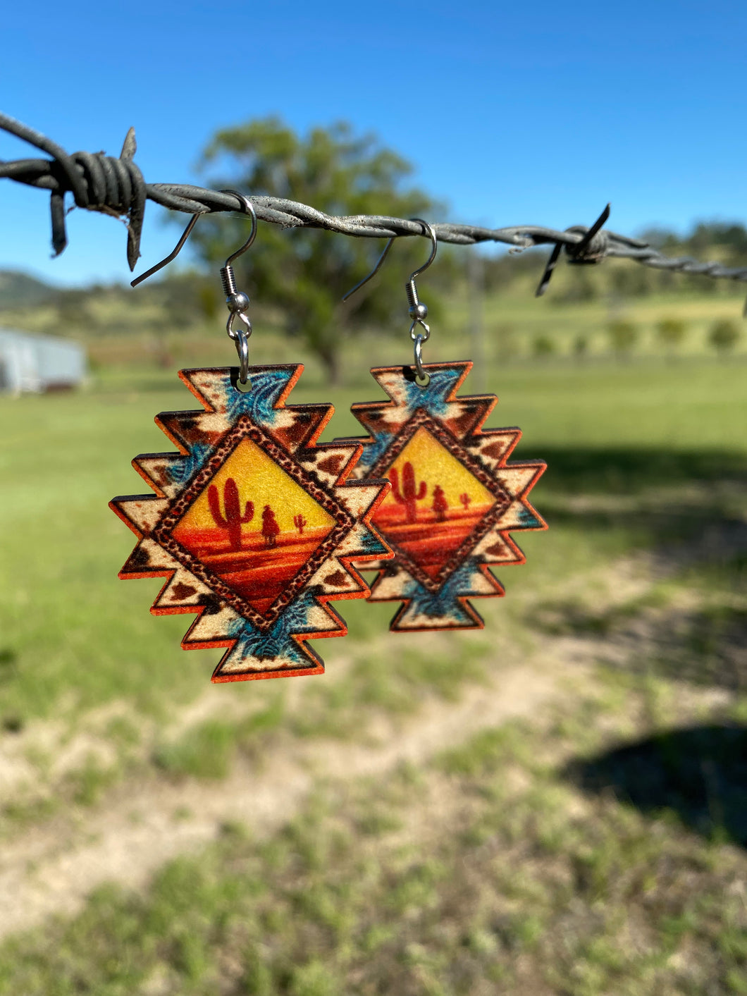 Earrings- Western Wooden - Aztec cactus