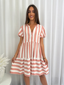 Striped Baby Doll Dress - Dusty Pink