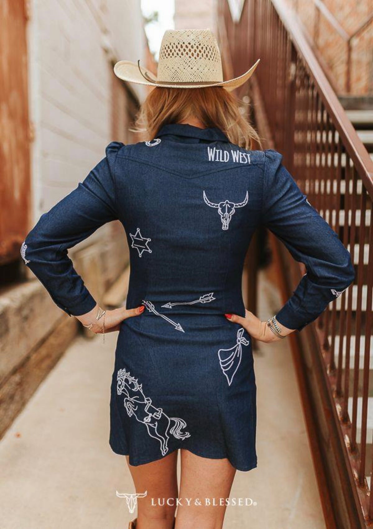 Mid Wash Stretch Denim Western Embroidered Pearl Snap Button Down Printed Bow Dress