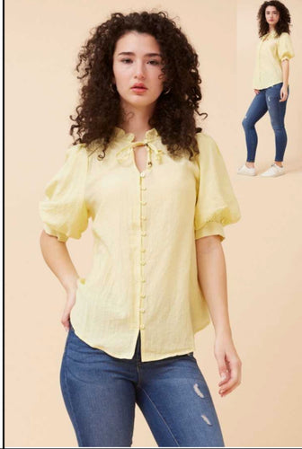 Button-Front Puff Sleeve Blouse lemon