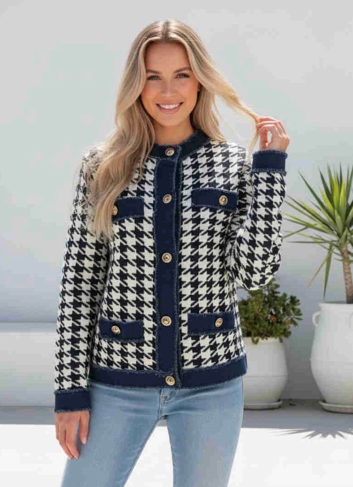 Houndstooth Knit Cardigan- Jean