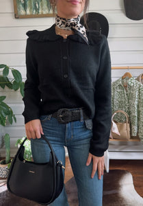 Ruffle Collar Knit Cardigan – Black