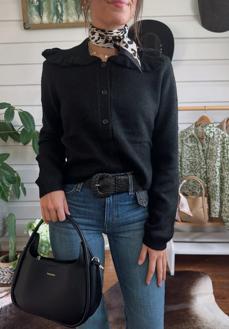 Ruffle Collar Knit Cardigan – Black