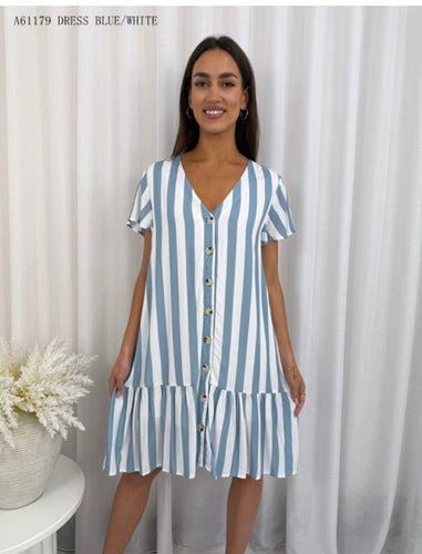 Striped Baby Doll Dress button- Blue