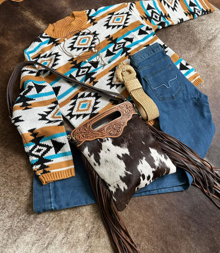 Aztec Stripe Ribbed Trim Sweater