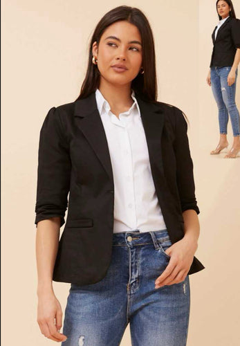 Black Ruched Sleeve Blazer