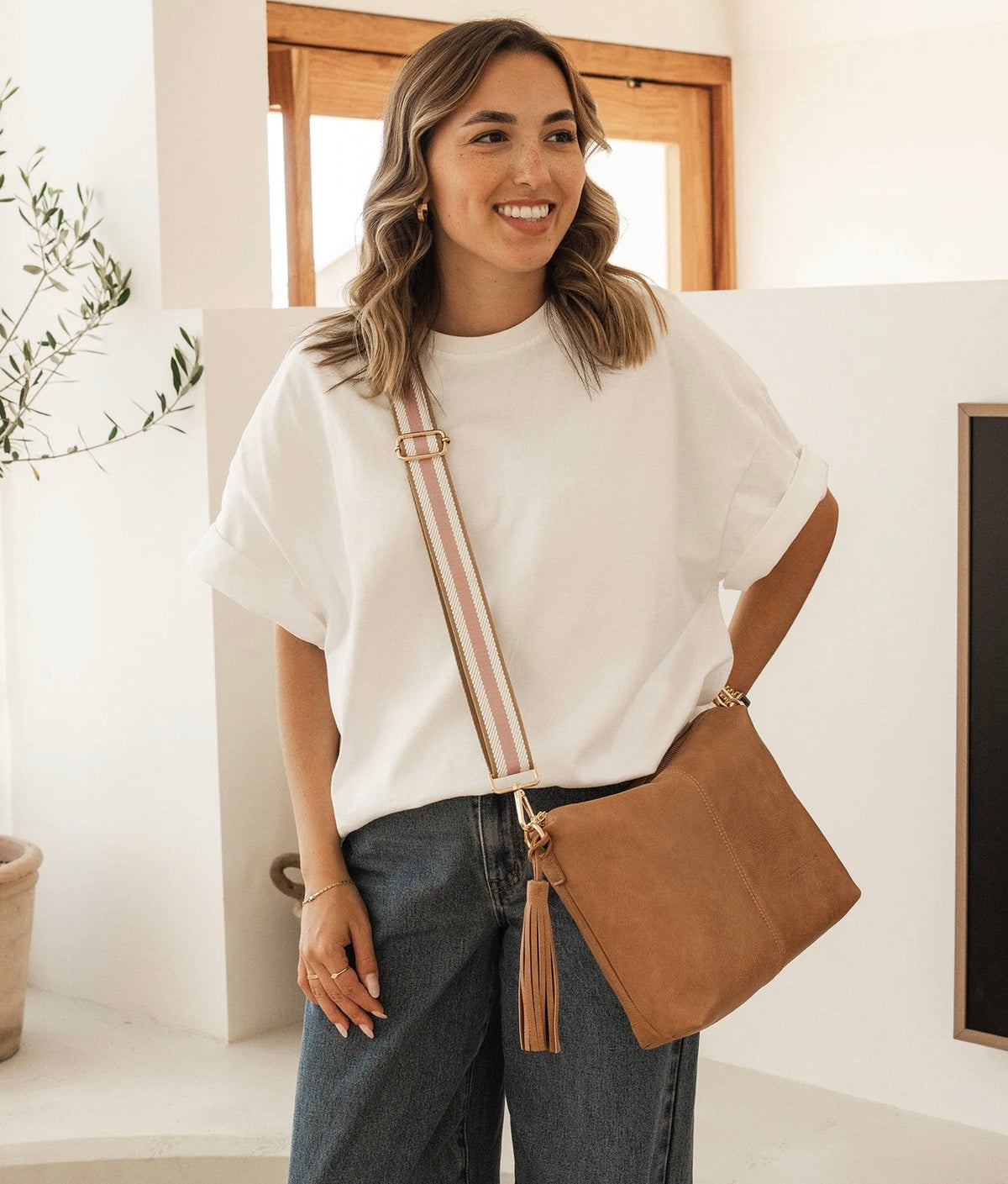 Kasey Crossbody Bag - Stripe Strap - Camel