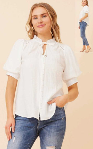 Button-Front Puff Sleeve Blouse white