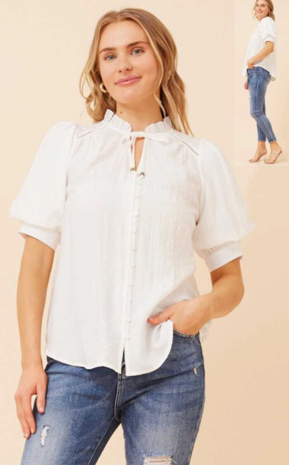 Button-Front Puff Sleeve Blouse white