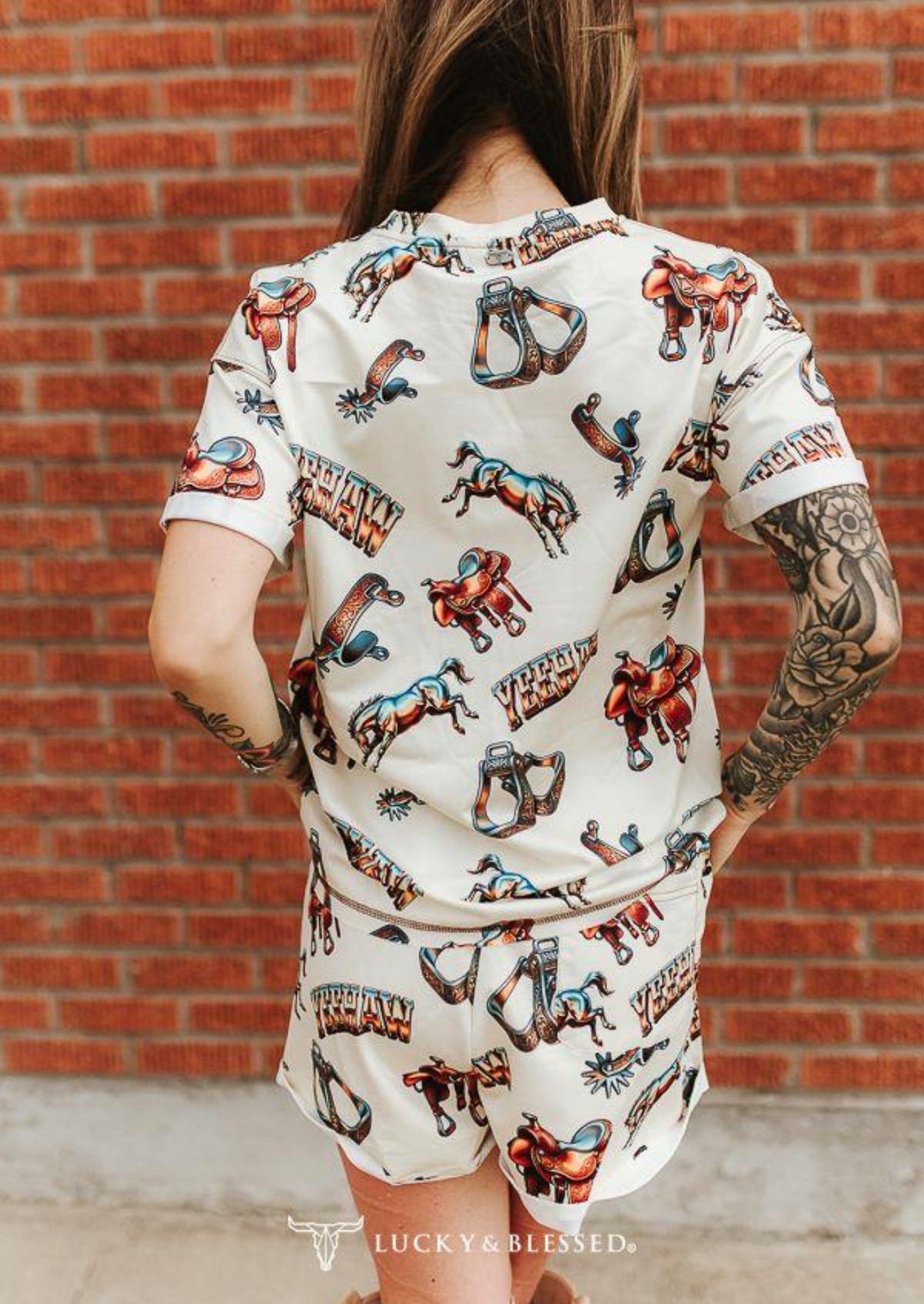 Ivory Western Rodeo Print Short Sleeve Top &amp; Shorts Two Piece Set