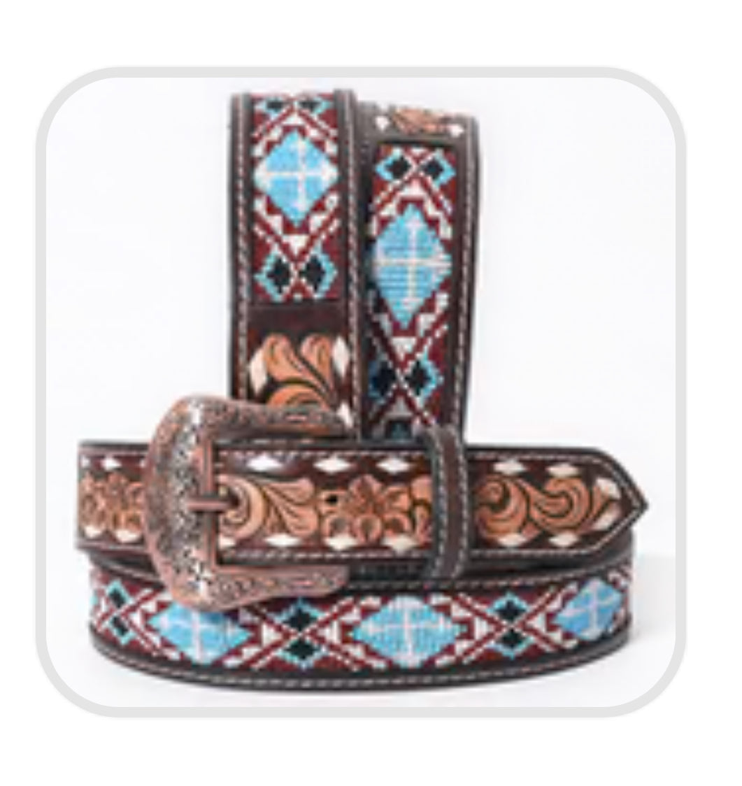 Western Leather Belt Antique Brown - Tooled &amp; Aztec- BER221BTL