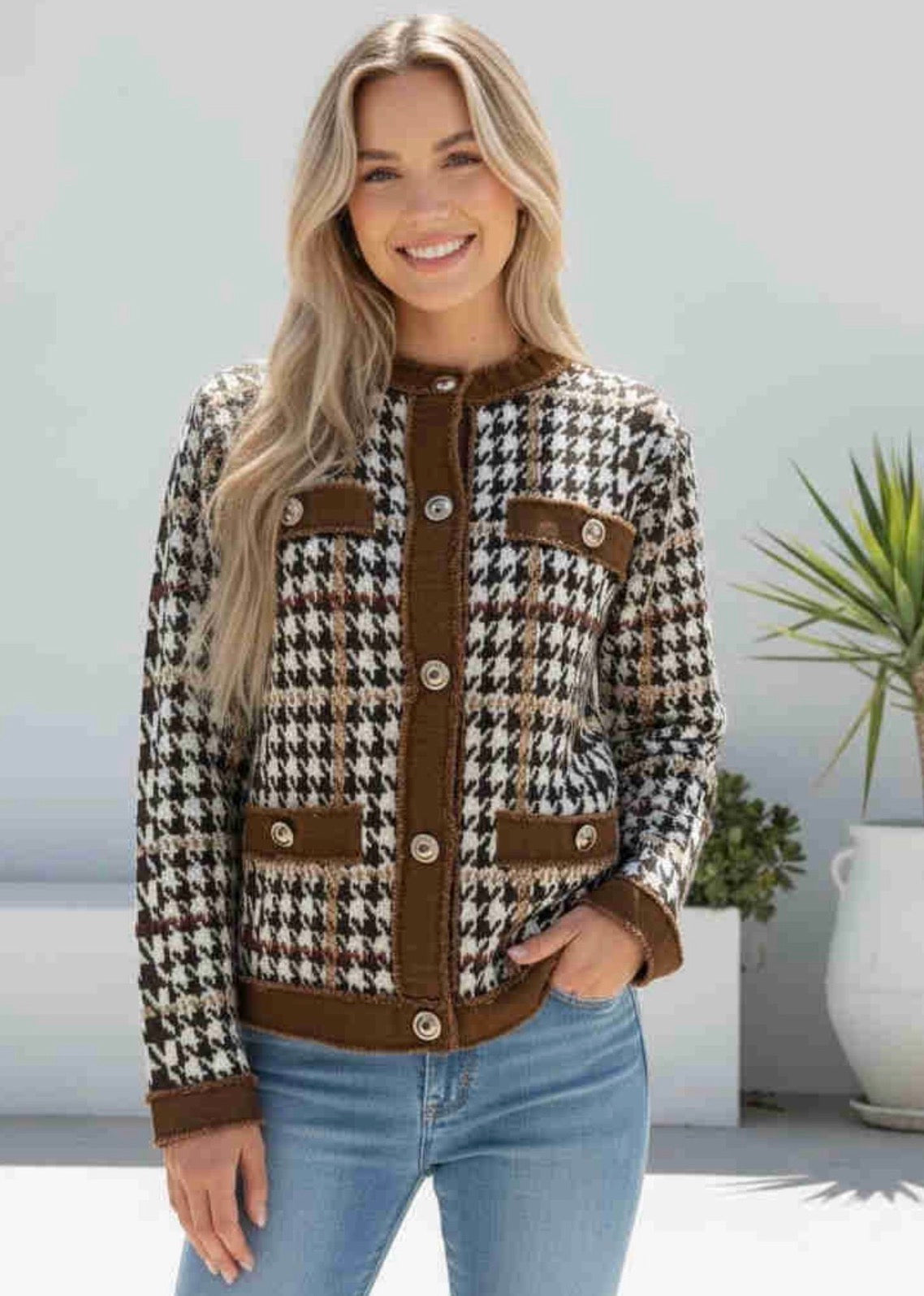 Houndstooth Knit Cardigan- Saddle