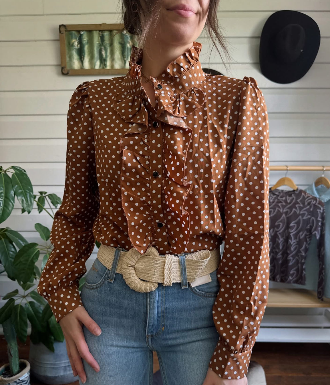 Loose Puff Sleeves Floral Pleated Polka-Dot Split-Joint Stand Collar Blouses