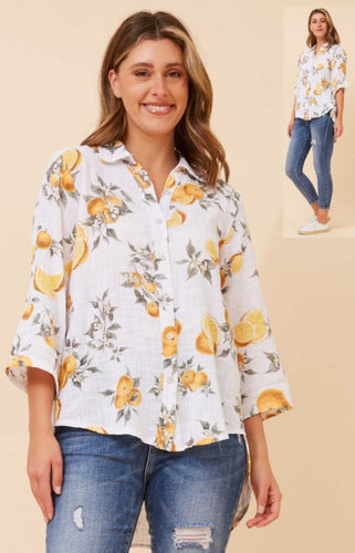 Lemon Print Button-Up Blouse
