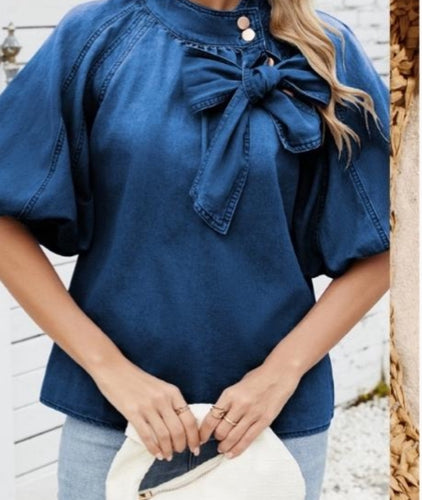 Bella Denim Puff Sleeve Top dark