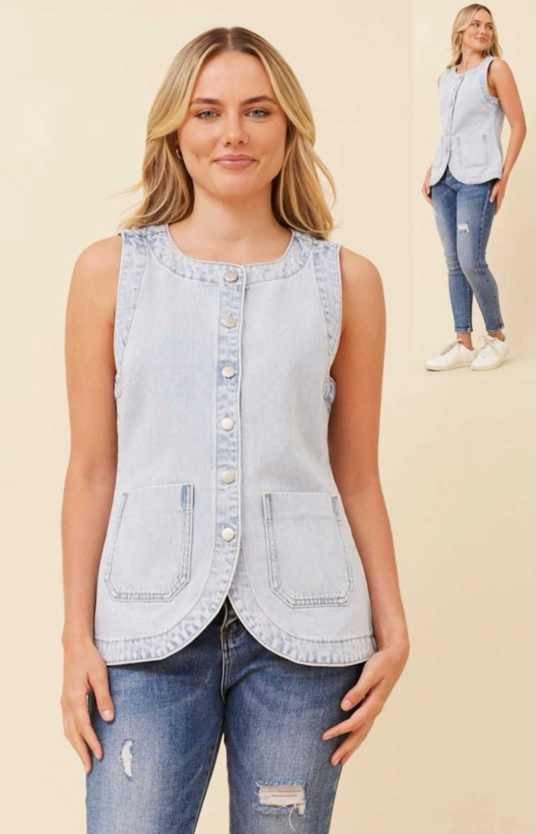 Light Wash Sleeveless Denim Vest