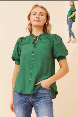 Button-Front Puff Sleeve Blouse green