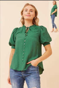 Button-Front Puff Sleeve Blouse green