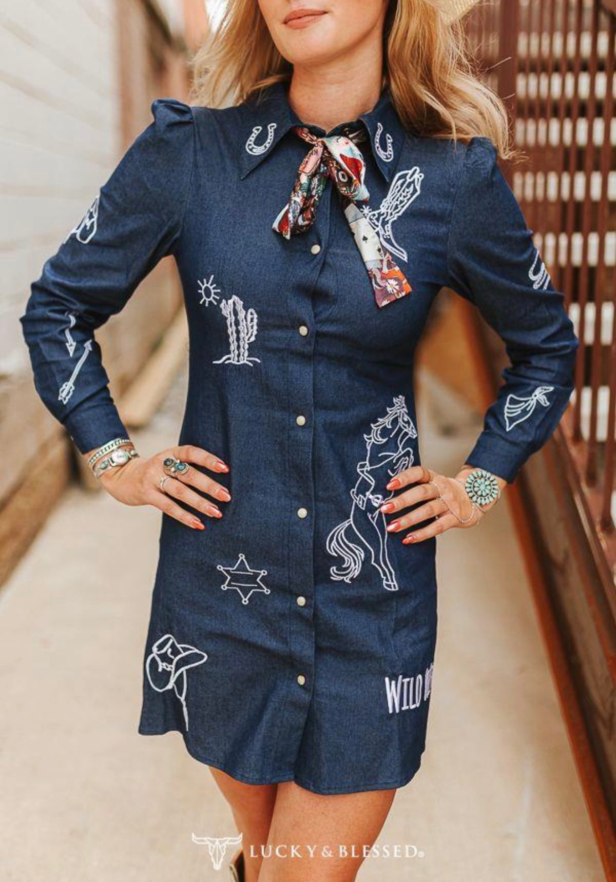 Mid Wash Stretch Denim Western Embroidered Pearl Snap Button Down Printed Bow Dress