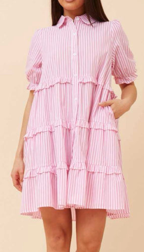 Pink Stripe Ruffle Shirt Dress