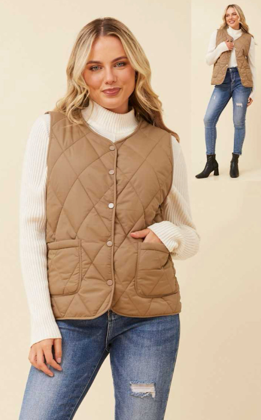Quilted Camel Button-Up Vest