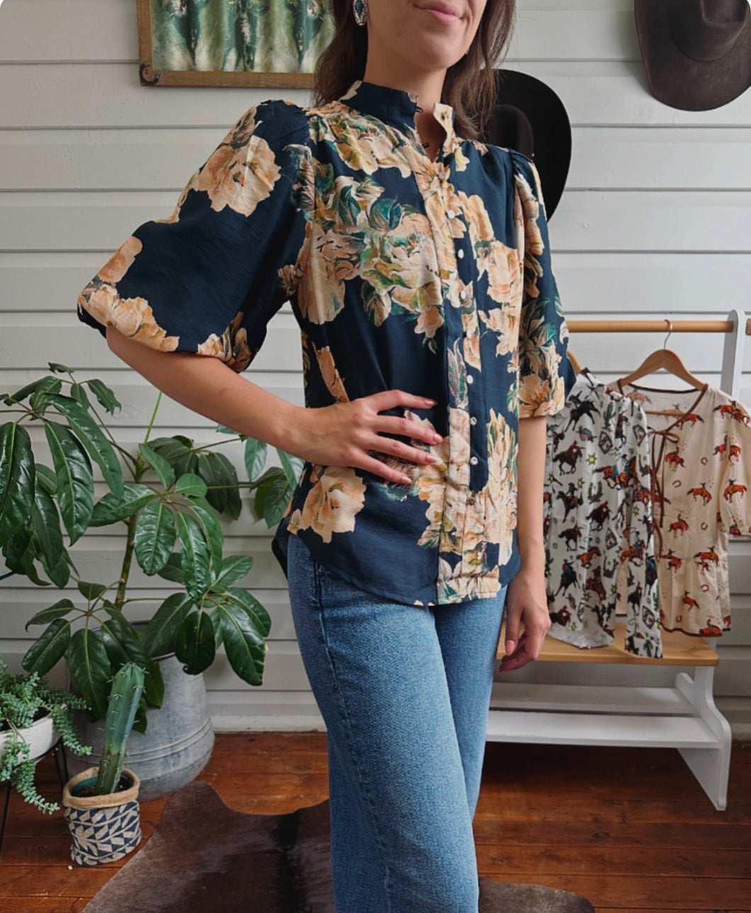 Floral Tops with Balloon Sleeve - Navy