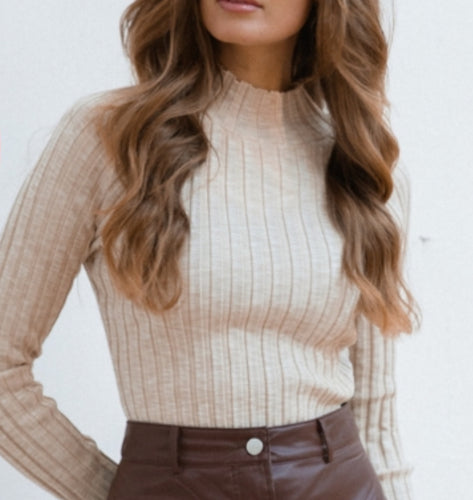 Ribbed Mock Neck Knit Top- stone
