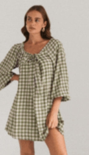 Country Check Mini Dress- olive
