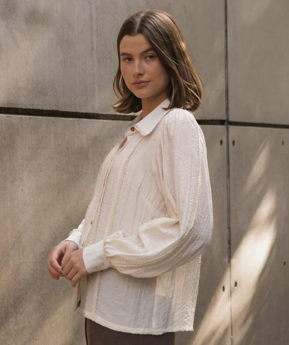 Blouse with Lace Trim - Cream