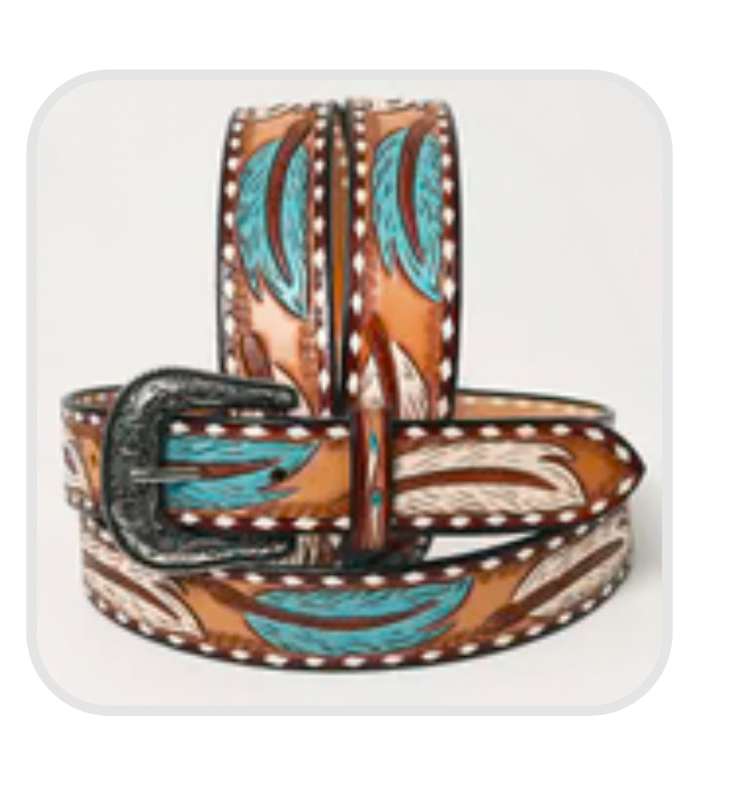 Western Leather Belt Antique Brown - Tooled Feathers