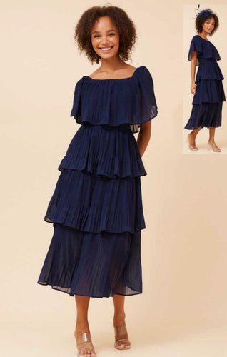Navy Pleated Tiered Midi Dress