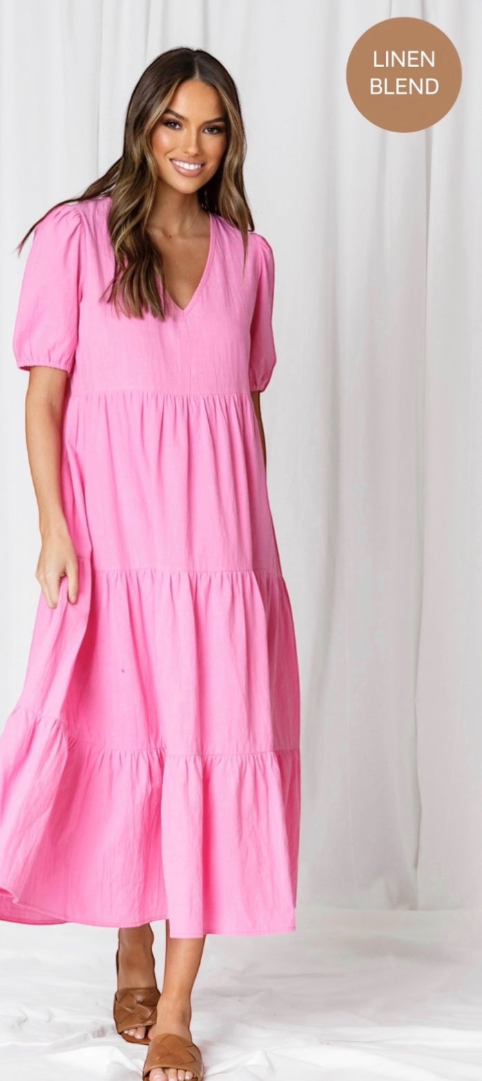 Linen blend pink dress~ pockets