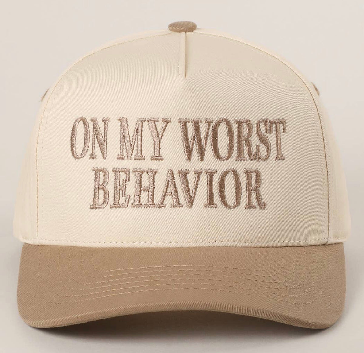 ON MY WORST BEHAVIOR Embroidered Trucker Hat Bone