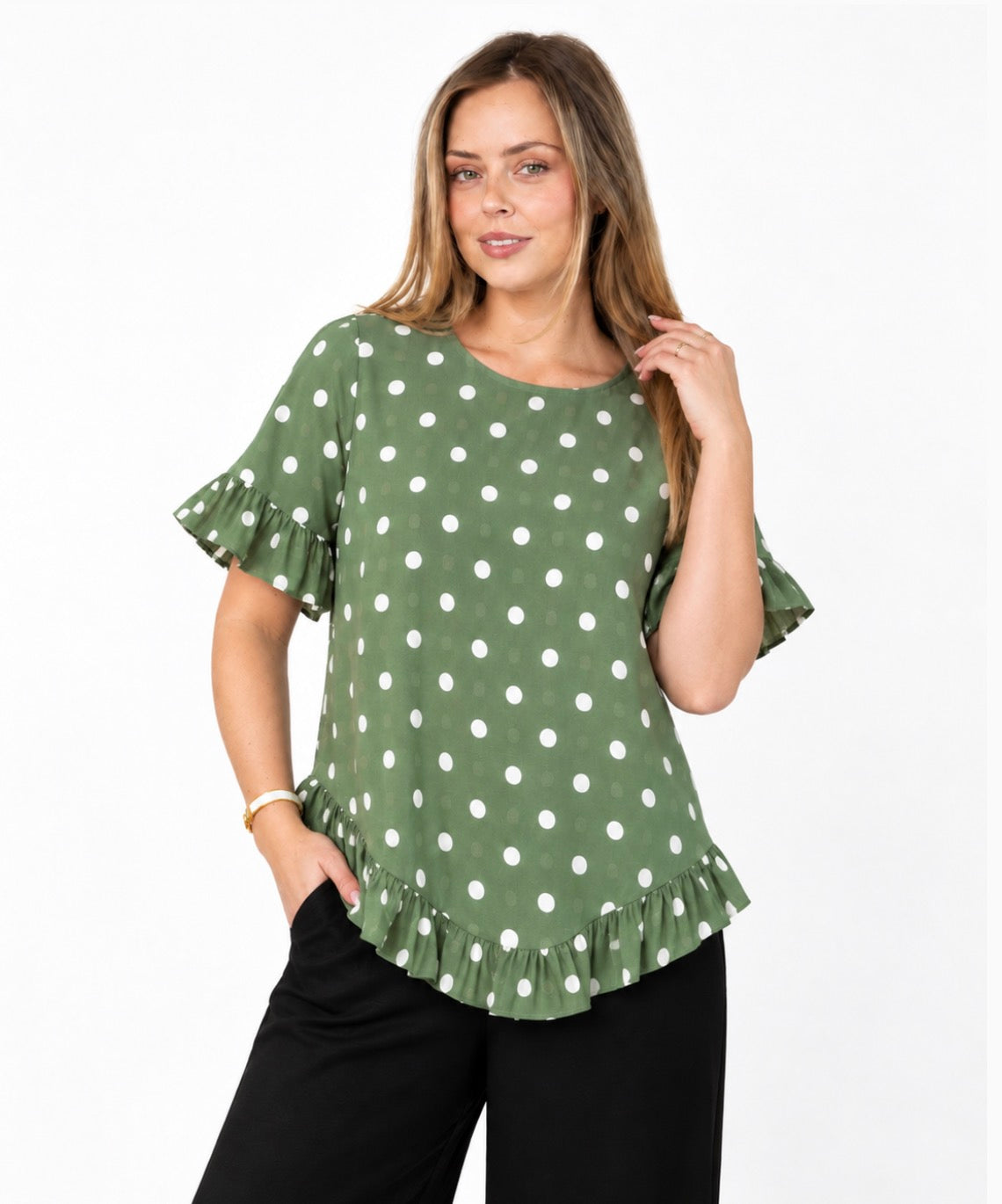 Tilly Spot Frill Top- green