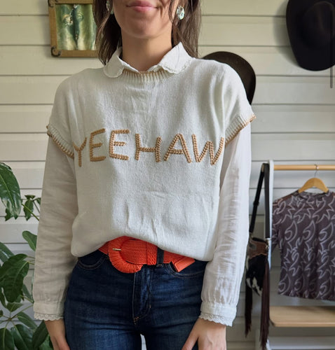White Knitted YEEHAW Stitch Edge Crew Neck Sweater T Shirt