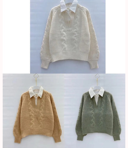 Collared Knit Sweater Top- camel