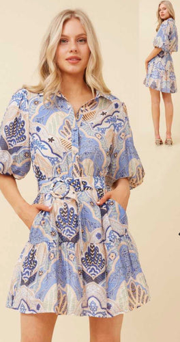 Meadow Breeze Belted Shirt Dress- blue