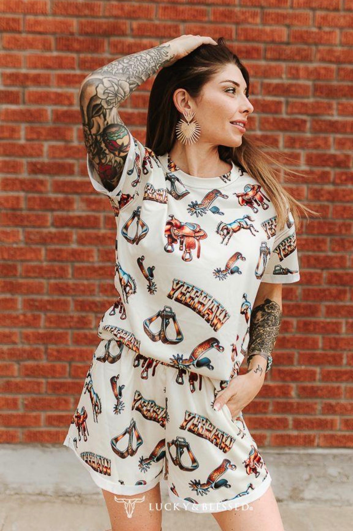 Ivory Western Rodeo Print Short Sleeve Top &amp; Shorts Two Piece Set