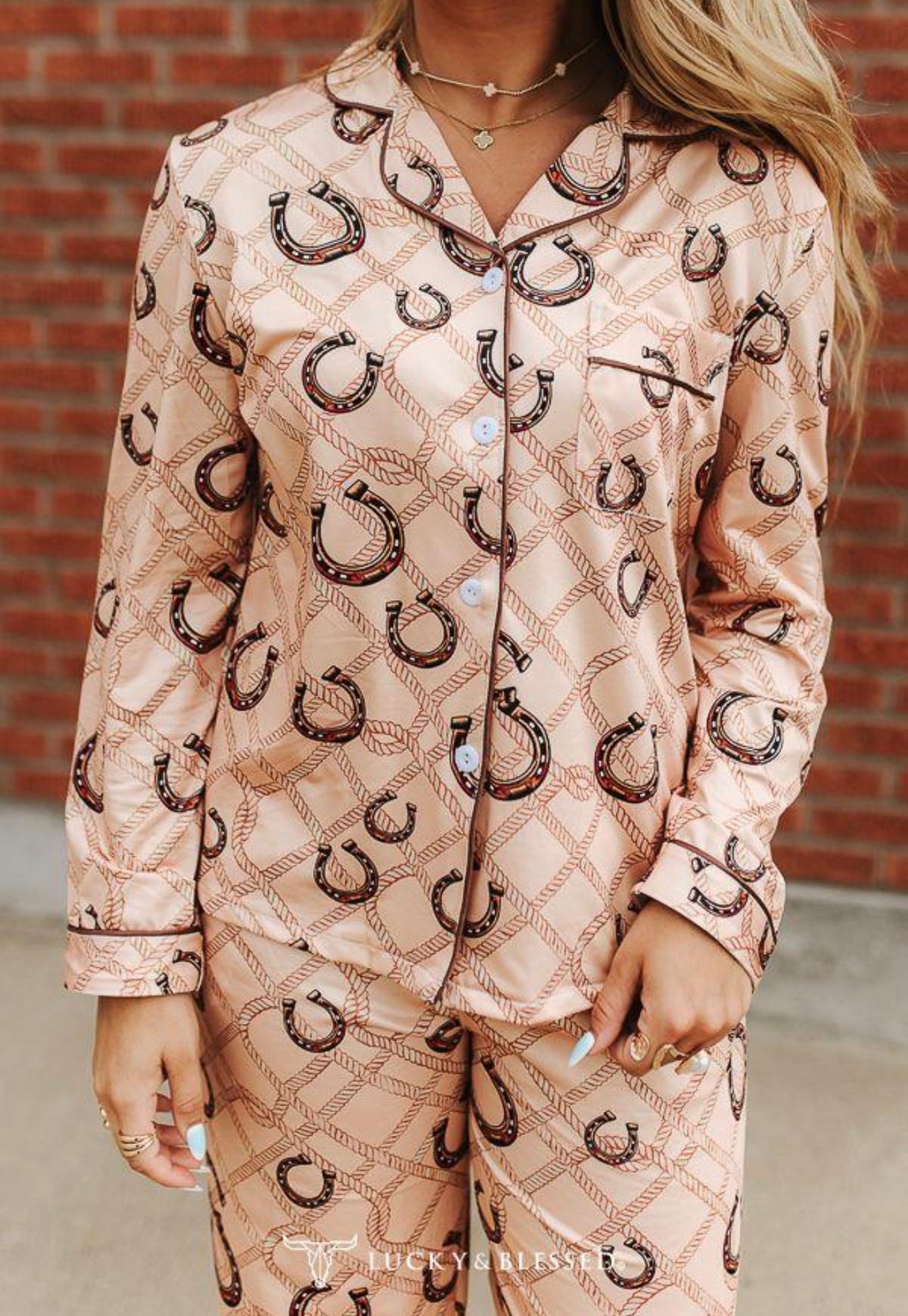 Camel Horseshoe Western Printed Button Down Pants Set