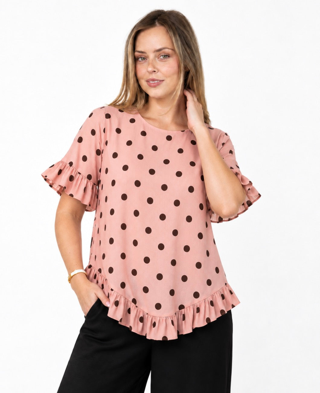Tilly Spot Frill Top- pink