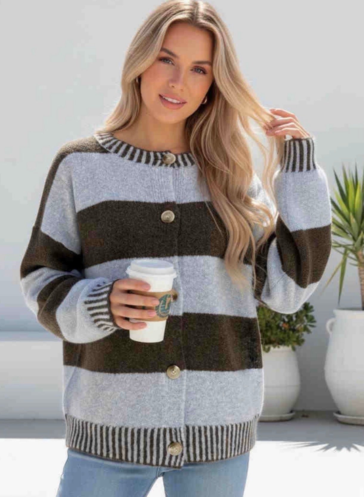 Grey &amp; Charcoal Stripe Cardigan