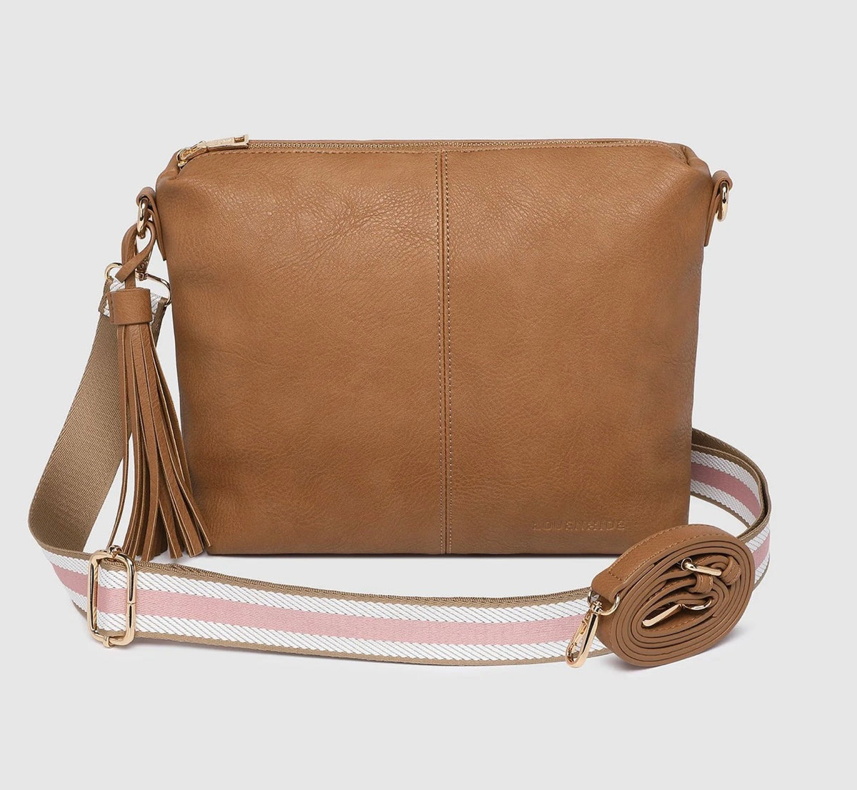 Kasey Crossbody Bag - Stripe Strap - Camel
