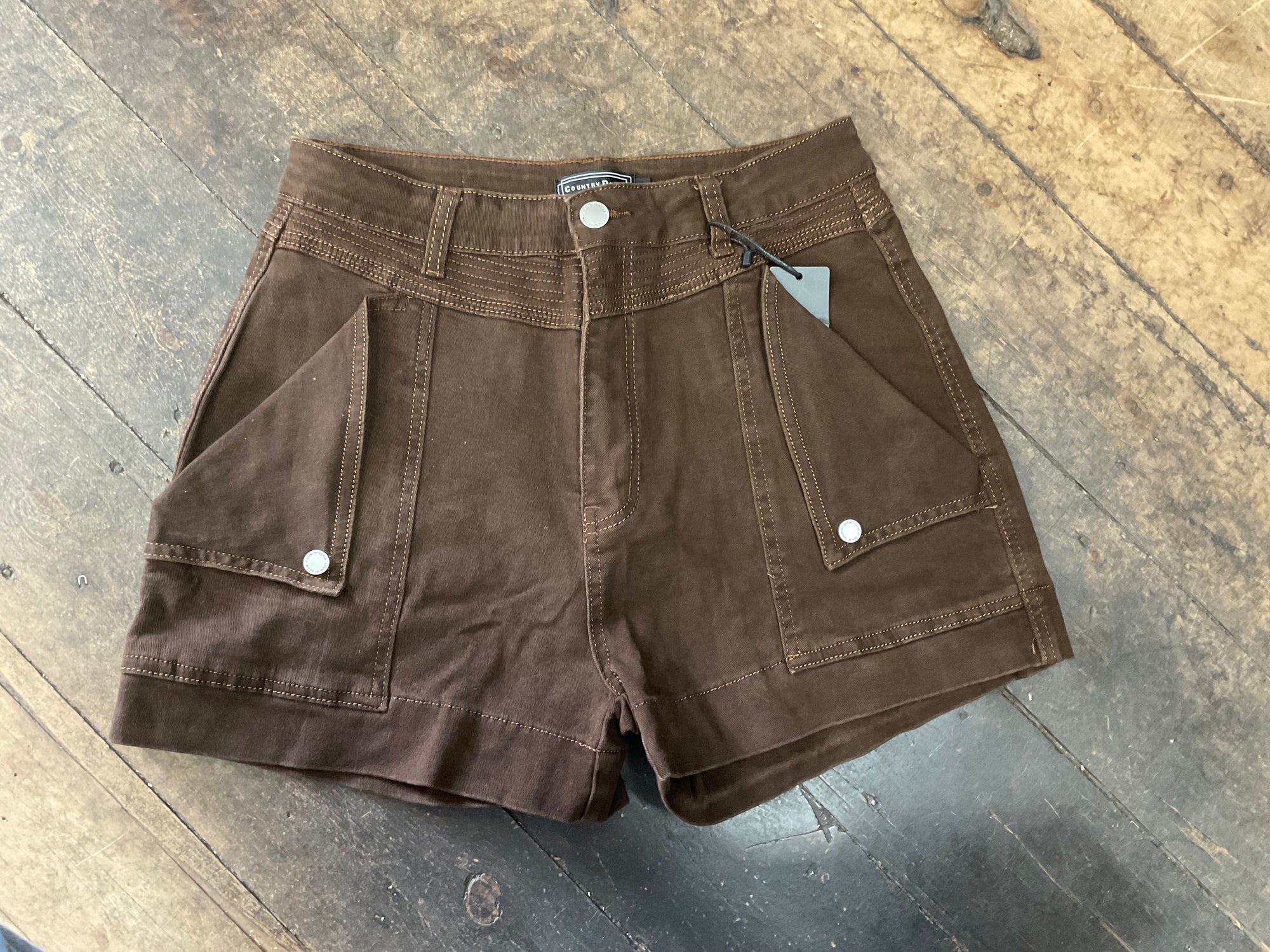 Brown Denim -fold over pocket detailed stitching