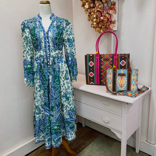 Paisley Floral Long Sleeve Dress - Multi Blue