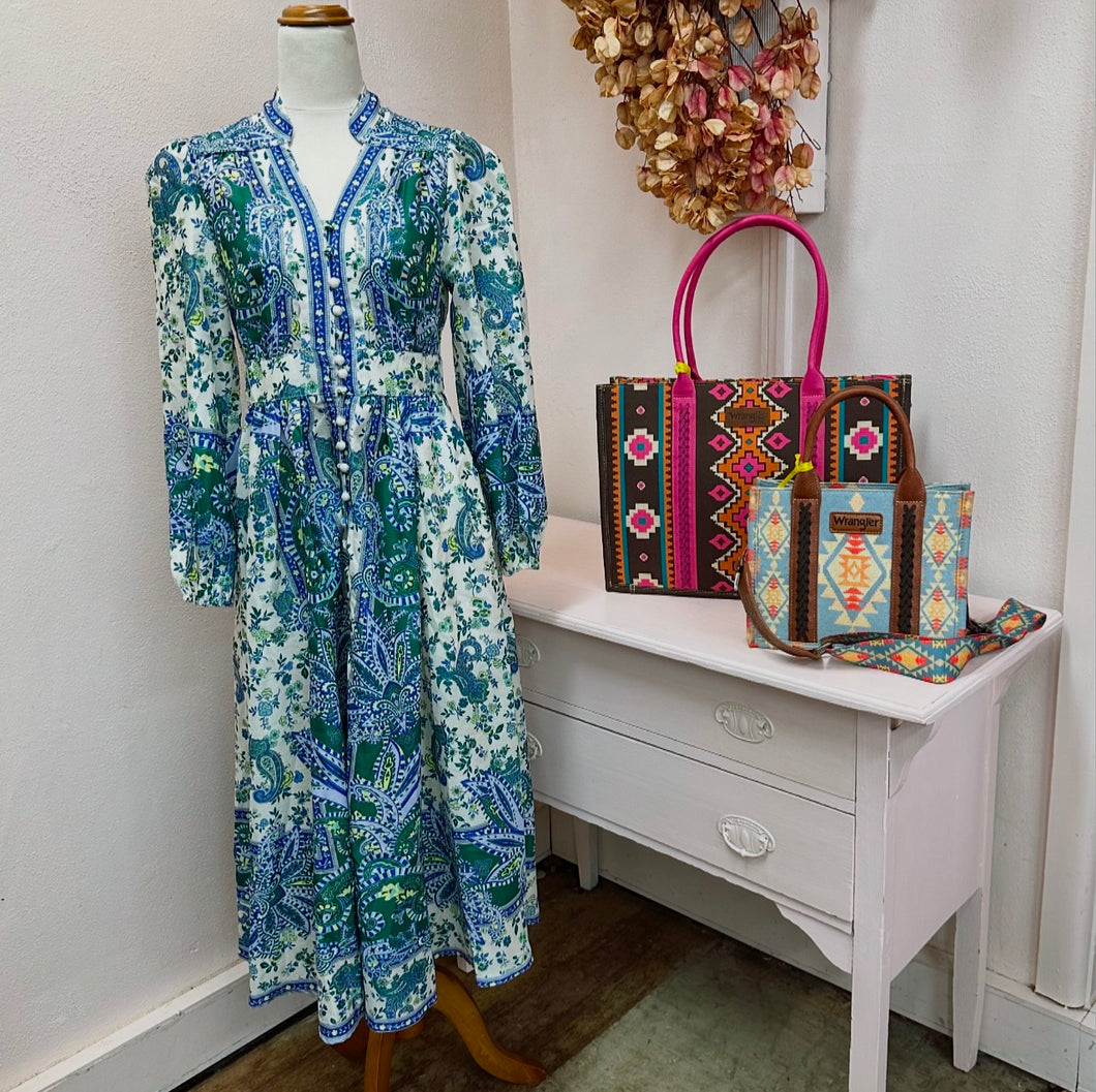 Paisley Floral Long Sleeve Dress - Multi Blue