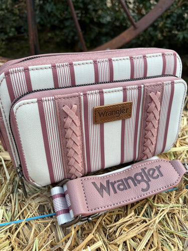 Wrangler Stripe Printed Crossbody Purse with Wallet Compartment - Pink
