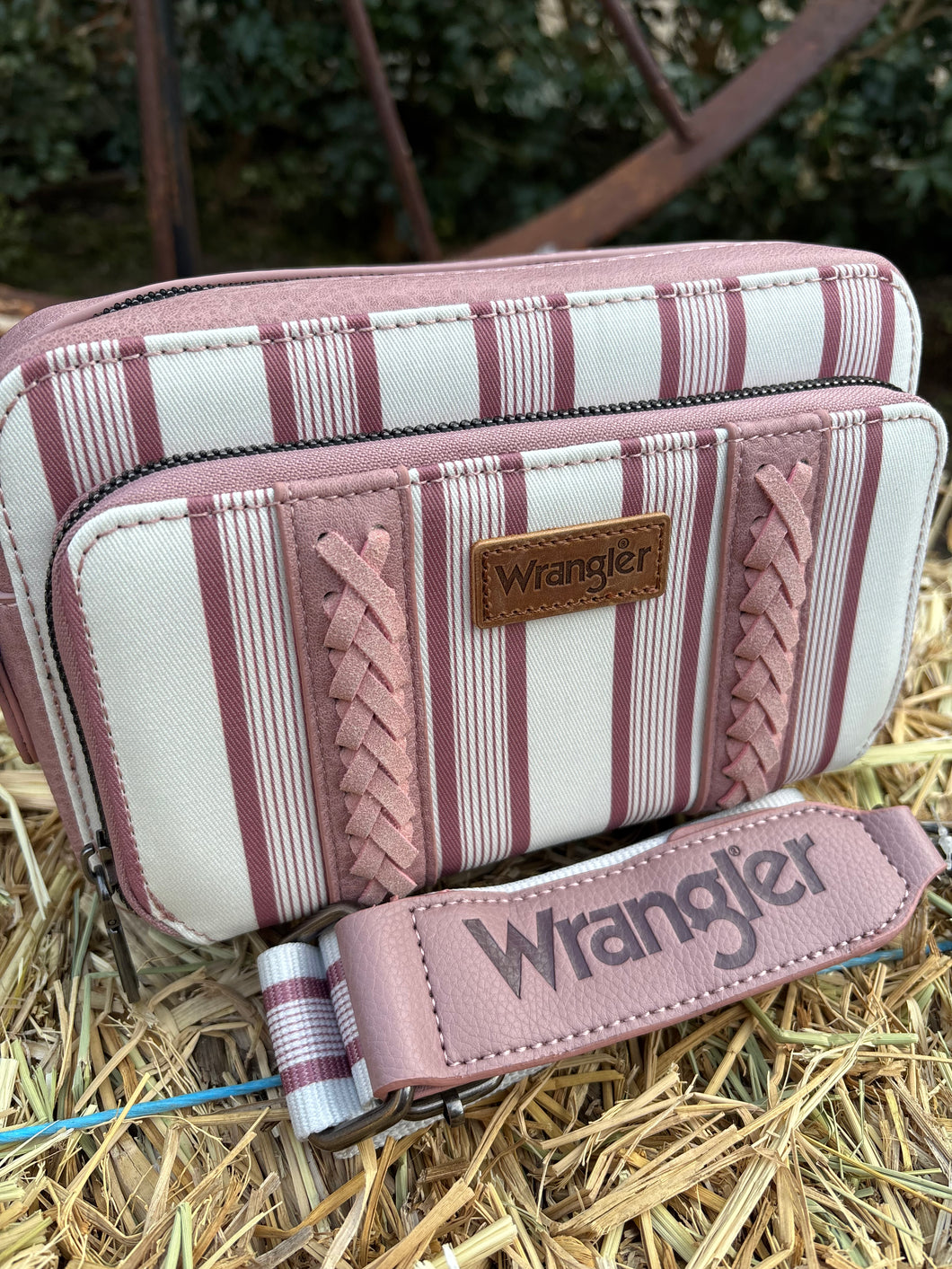 Wrangler Stripe Printed Crossbody Purse with Wallet Compartment - Pink