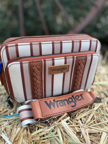 Wrangler Stripe Printed Crossbody Purse with Wallet Compartment - Brown